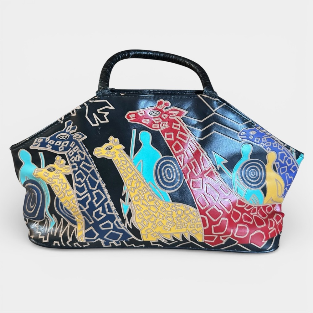Vintage 90s Art Graphic Giraffe Handbag with Top Handle Safari Eclectic Purse